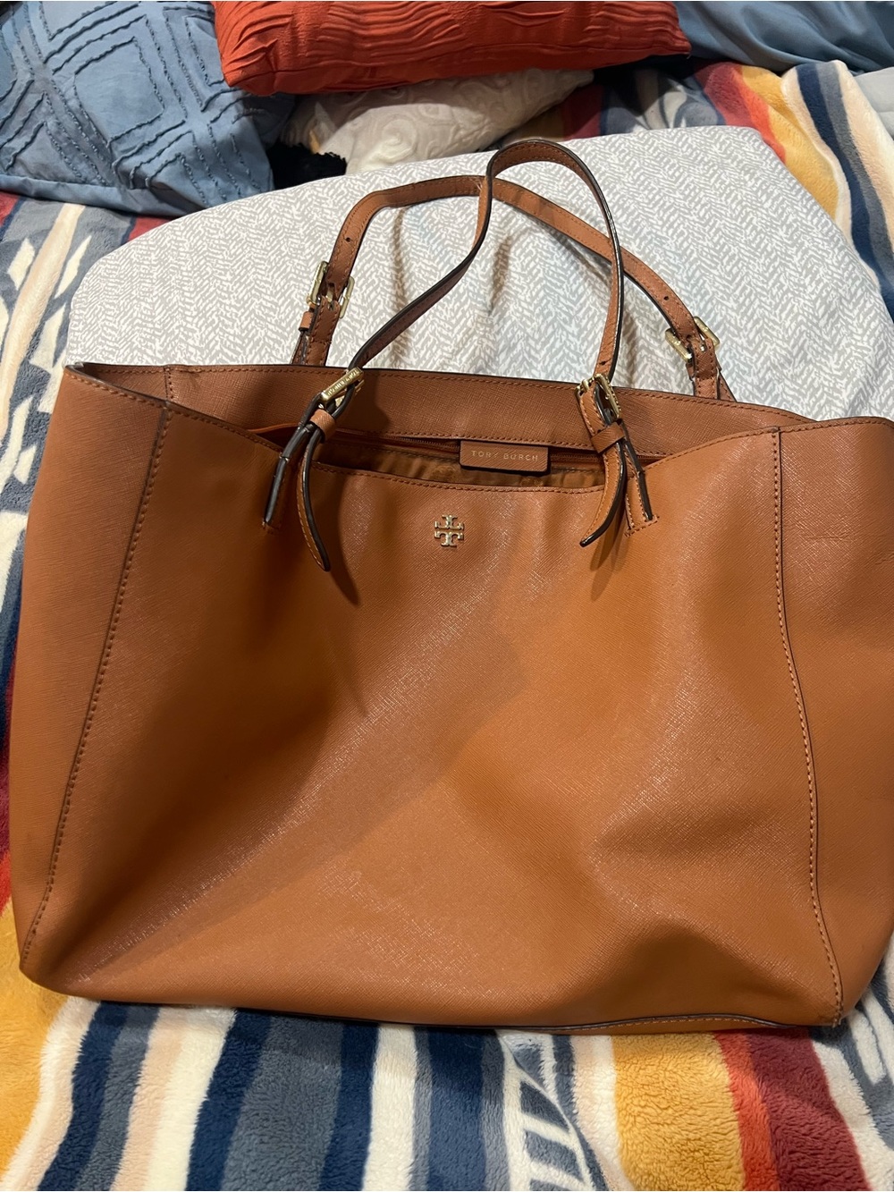 Tory Burch Cognac Leather Tote with Gold-Tone Logo